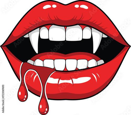Halloween vampire lips vector illustration with sharp fangs, red glossy mouth, dripping blood, scary cartoon design, spooky horror fantasy element
