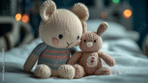 Wallpaper Mural A knitted bear and bunny plush toys comforting on hospital bed, cozy soft lighting, childhood comfort, crochet soft toy friendship Torontodigital.ca