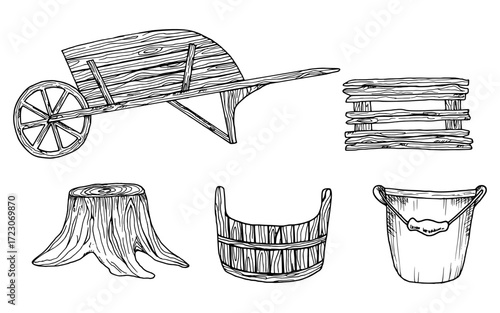 Wooden garden box, stump, bucket, and cart. Vector illustration of rural objects. Hand-drawn simple black graphics. Outline drawing of garden tools for agriculture, harvesting, gardening
