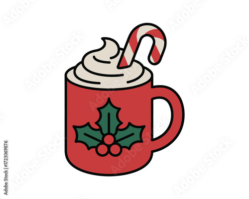 Festive red mug with whipped cream and candy cane