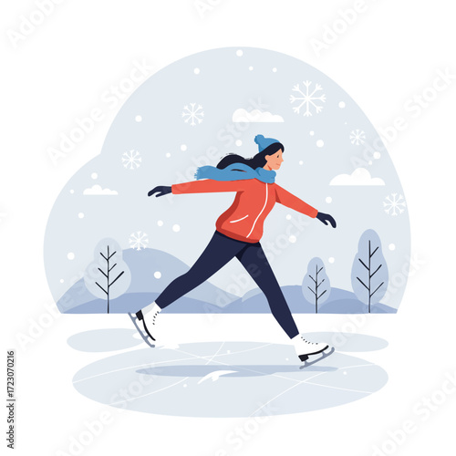 Young woman gracefully ice skating on a frozen pond with falling snowflakes, a minimal winter landscape, presented as a vibrant 2D flat vector illustration.
