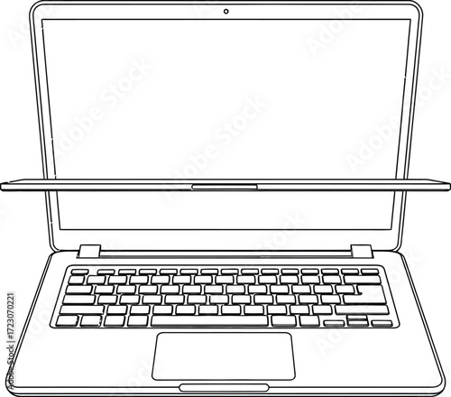 Minimalist line art illustration of an open laptop with a blank screen, ready for your design.