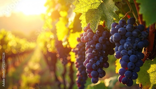 Close Up of Ripe Purple Grapes on Vine in Vineyard at Sunset with Sun Flare