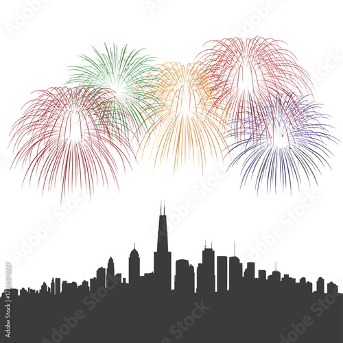 Colorful fireworks exploding over city skyline silhouette at night