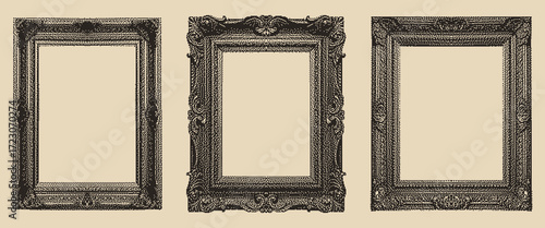 Three antique pixel art frames with ornate baroque details. Dithered monochrome texture creates a vintage engraving look for retro design assets.