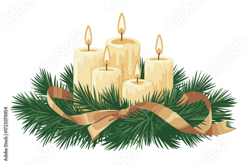 Festive christmas candles with pine needles and ribbon decoration