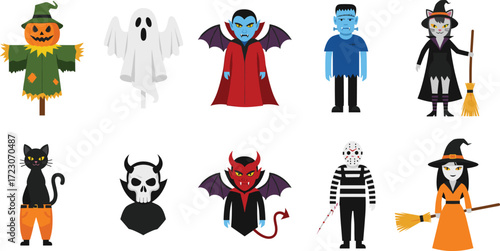 Halloween cartoon character vector illustration set with scarecrow, ghost, vampire, Frankenstein, witch, devil, skull, cat, masked figure, spooky icons