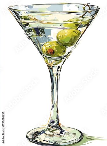 A martini glass filled with a light drink, garnished with olives
