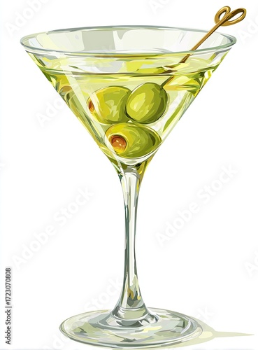 A martini glass filled with a light yellow liquid, two green olives, and a golden stirrer