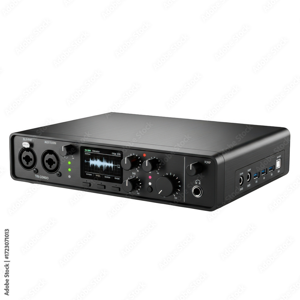 Obraz premium Professional audio interface device with multiple inputs and outputs isolated on transparent background