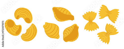 Set of various pasta shapes, ideal for cooking blogs, restaurant menus, or food packaging.