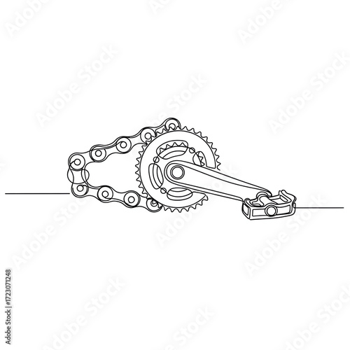 Bicycle crank and chain in linear design on white background  