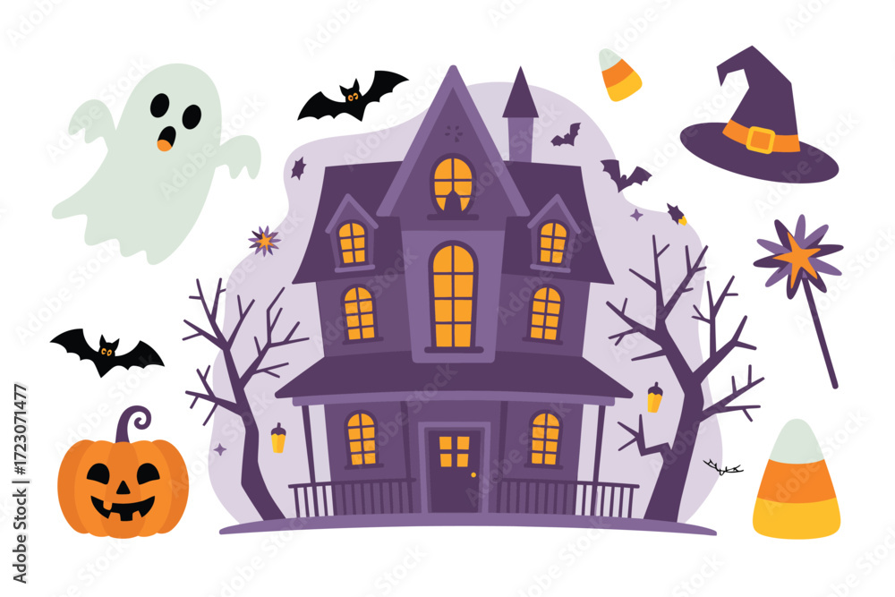Fototapeta premium Spooky halloween haunted house with ghost bats pumpkin and witch hat