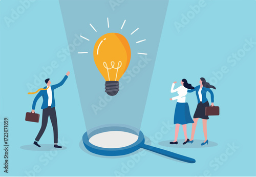Business insights intelligence information for competitive advantage and win competition, discover business solution concept, business people team looking at lightbulb floating from magnifying glass