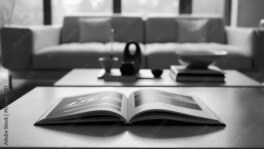 Fototapeta premium Elegant open book on minimalist coffee table with blurred modern living room background, creating a serene and sophisticated ambiance for relaxation and inspiration.