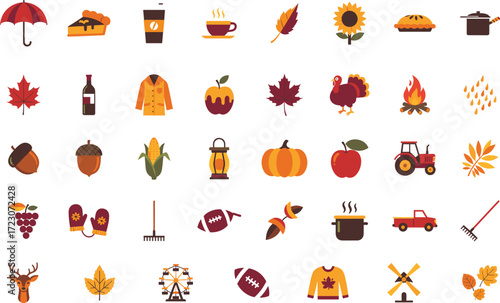 Colorful autumn season vector illustration with fall icons including leaves, pumpkins, food, clothing, activities, decorations, and festive elements