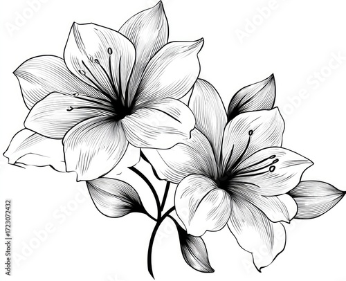 Elegant black and white floral design. Two blossoms with delicate lines and shading, creating a textured look