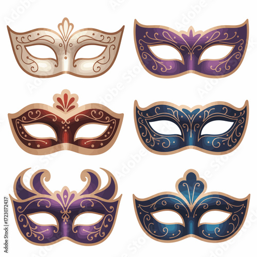 Collection of ornate venetian masquerade masks in various colors and designs