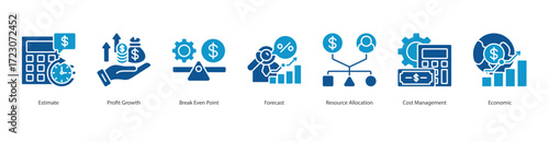 Business Financial Forecasting color banner web icon set vector illustration concept with icon of estimate, profit growth, break even point, forecast, resource allocation, cost management, economic