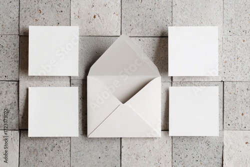 Blank square note cards and an open envelope on a light gray stone surface.  Four blank cards, one open envelope, and a neutral backdrop.  Flat lay design