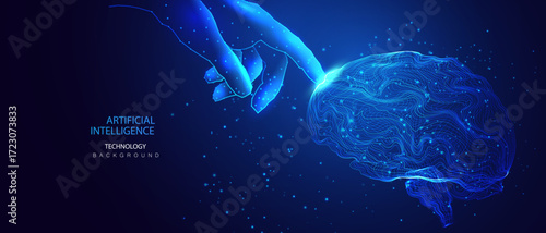 Ai brain technology background with touching human hand vector illustration.