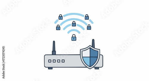 Secure wi-fi network router icon with shield and padlock protection