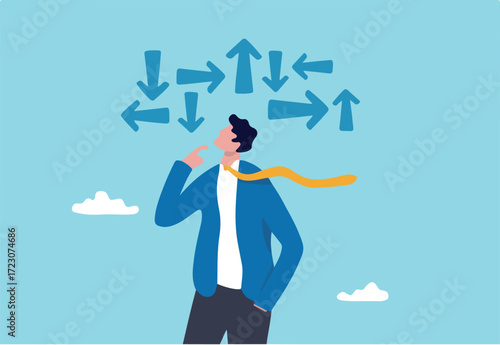 Decision making, decide the right way or choosing options, best alternative or solution to success, business direction or thinking concept, contemplation businessman making decision where to go next