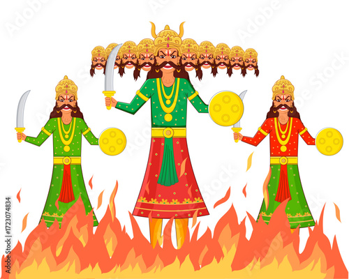 vector illustration of Ravana Dahan Lord Rama killing Ravana in Happy Dussehra Navratri festival of india
