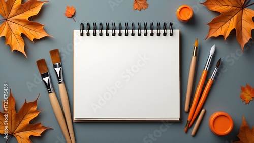 Fototapeta Naklejka Na Ścianę i Meble -  Autumn art sketchbook mockup with fall leaves and paint brushes for creative design projects