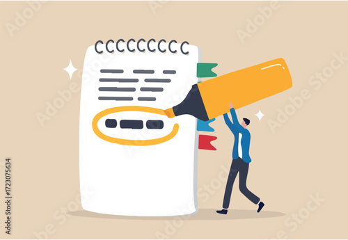 Highlight important note, serious essential word in highlight circle or underline, marked critical, vital or significant, spotlight attention concept, businessman highlight pen circle important note
