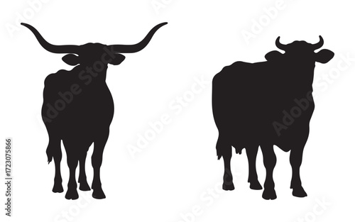 Silhouette illustration of farm cows and bulls front view livestock animal vector graphic for agriculture dairy beef ranch farming and countryside design