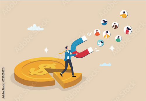 Customer acquisition cost, CAC, advertising cost for lead generation, marketing expense or spending on customer retention, optimize conversion rate concept, businessman with magnet on dollar cost