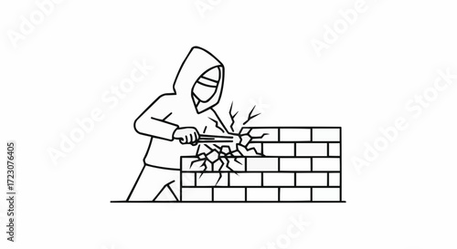 Ninja warrior hacking brick wall with sword illustration vector art