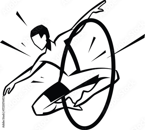 Dynamic athlete performs an acrobatic move within a large hoop.