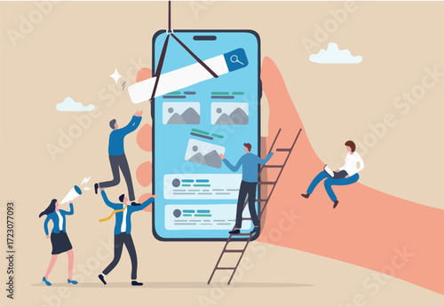 Build mobile app, webpage or user interface, UX, UI implementation, online website ideas, online marketing optimization concept, business people help building mobile application on smart phone