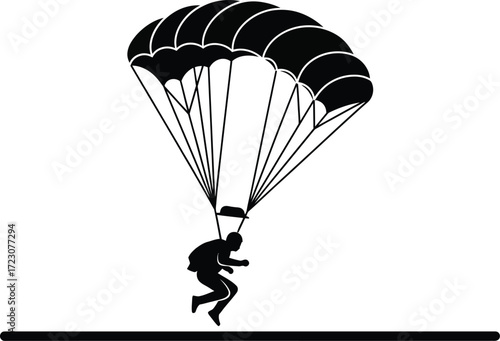 Silhouette of a skydiver gracefully descending under a deployed parachute against a white background.