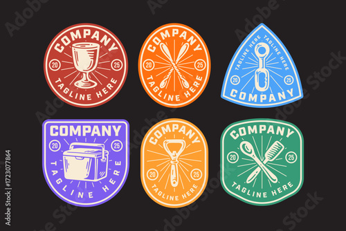beer shot glass, stir stick, keychain opener, beer cooler box, corkscrew, mixing spoon retro badge logo design collection for brewing factory industry, pub, lifestyle business. vector illustration