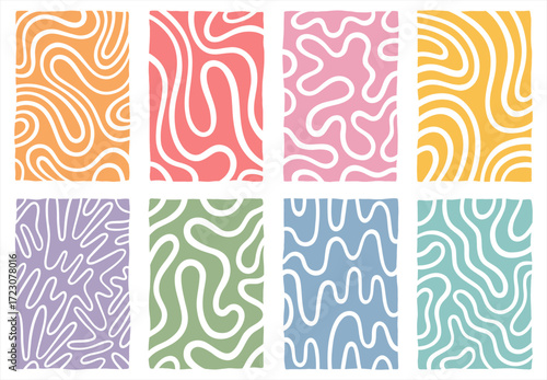 Abstract vector rectangle illustrations set uneven edge. Twisted hand drawn wavy organic winding doodle lines, fluid curved wiggling stripes backgrounds. Funky ornaments, groovy hippie patterns. 