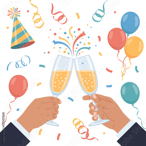 Hands clinking champagne glasses with confetti and balloons celebrating a special occasion