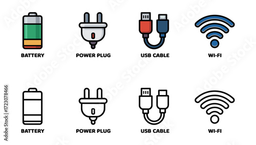 power and connectivity icon set with battery, power plug, usb cable and wi-fi symbols, vector illustrations for energy supply and wireless data transfer