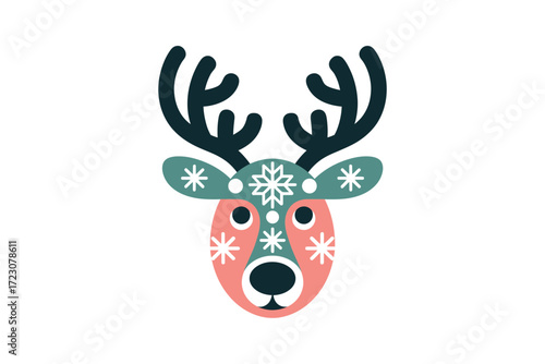 Whimsical reindeer face with snowflake decorations and antlers
