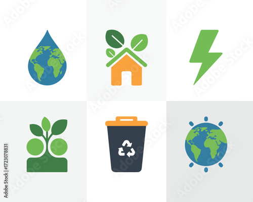 Set of six flat icons representing environmental conservation and sustainability concepts