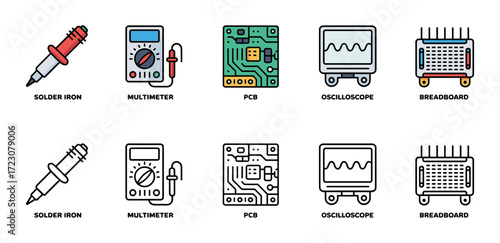 tools and prototyping icon set with solder iron, multimeter, pcb, oscilloscope and breadboard symbols, vector illustrations for electronics engineering and circuit design