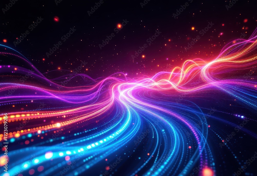 Obraz premium Dynamic, colorful lines of light weave through a dark space, creating a mesmerizing visual display with glowing dots and vibrant hues.