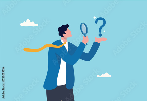 Problem analysis, analyze information to find solution or answer, solving problem or trouble, challenge to think overcome difficulty concept, businessman analyze question mark with magnifying glass