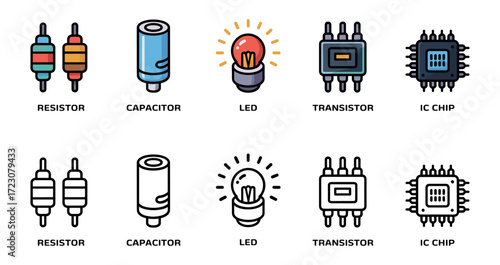 basic electronic components icon set with resistor, capacitor, led, transistor and ic chip symbols, vector illustrations for circuitry and hardware engineering