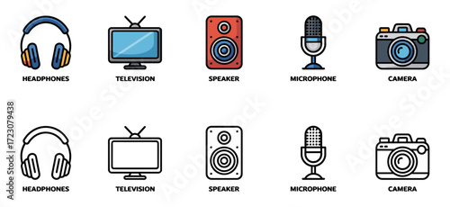  audio and visual electronics icon set with headphones, television, speaker, microphone and camera symbols, vector illustrations for media and entertainment gadgets