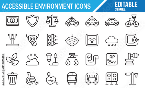 Accessible Environment Icons Set – Editable stroke outline vector for inclusive city design: mobility aids, safety signage, CCTV, transport (bus, taxi, bicycle), Wi-Fi, parking, elevator, universal ac