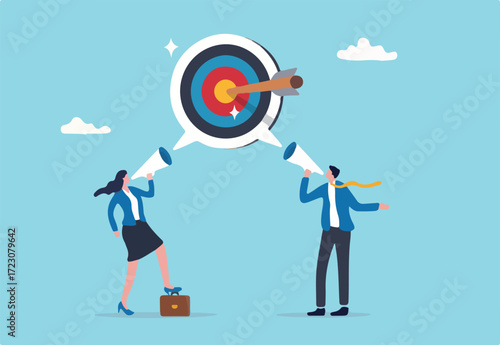Effective communication for team success and achieve goal, meeting or discussion to speak the same goal, communicate important purpose concept, business people speak on megaphone the same target