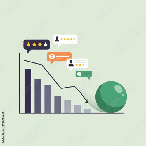 Illustration of a declining bar graph with chat bubbles and a green sphere on a light green background, representing Cyber Monday sales trends.